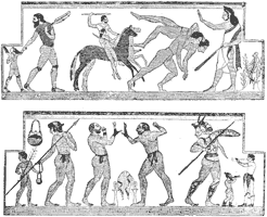 Etruscan dancing and performances. From paintings in the Grotta della Scimia Corneto, about 500 B.C.