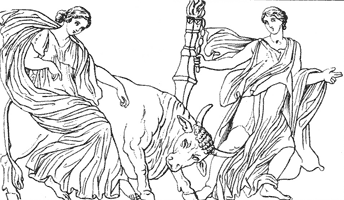 Bacchante leading the Dionysian bull to the altar. Bas-relief in the Vatican.